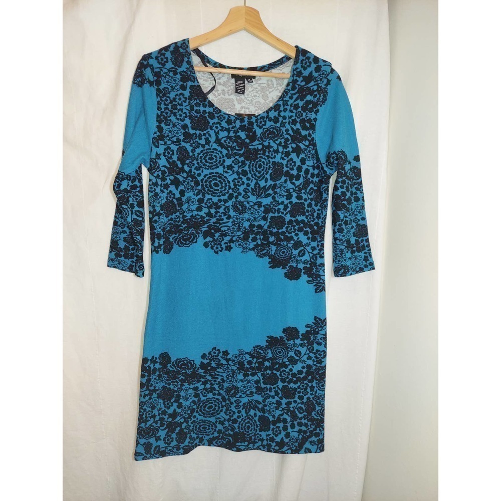 PAPILLON/NORDSTROM Floral Blue/Black Polyester/Spandex Below Knee Dressy…
